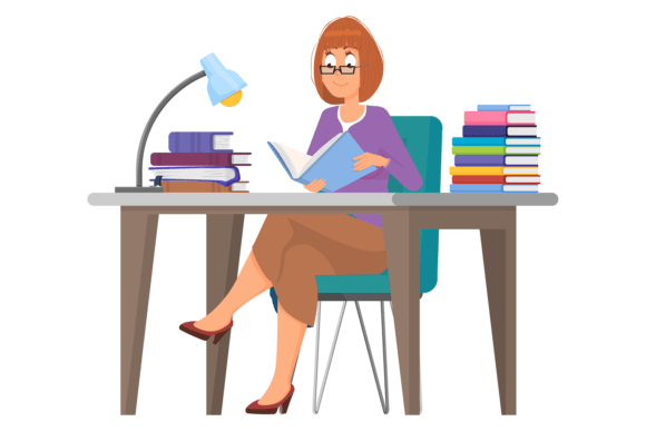 Download Woman Studying at Desk with Book Stacks. - Study Collection